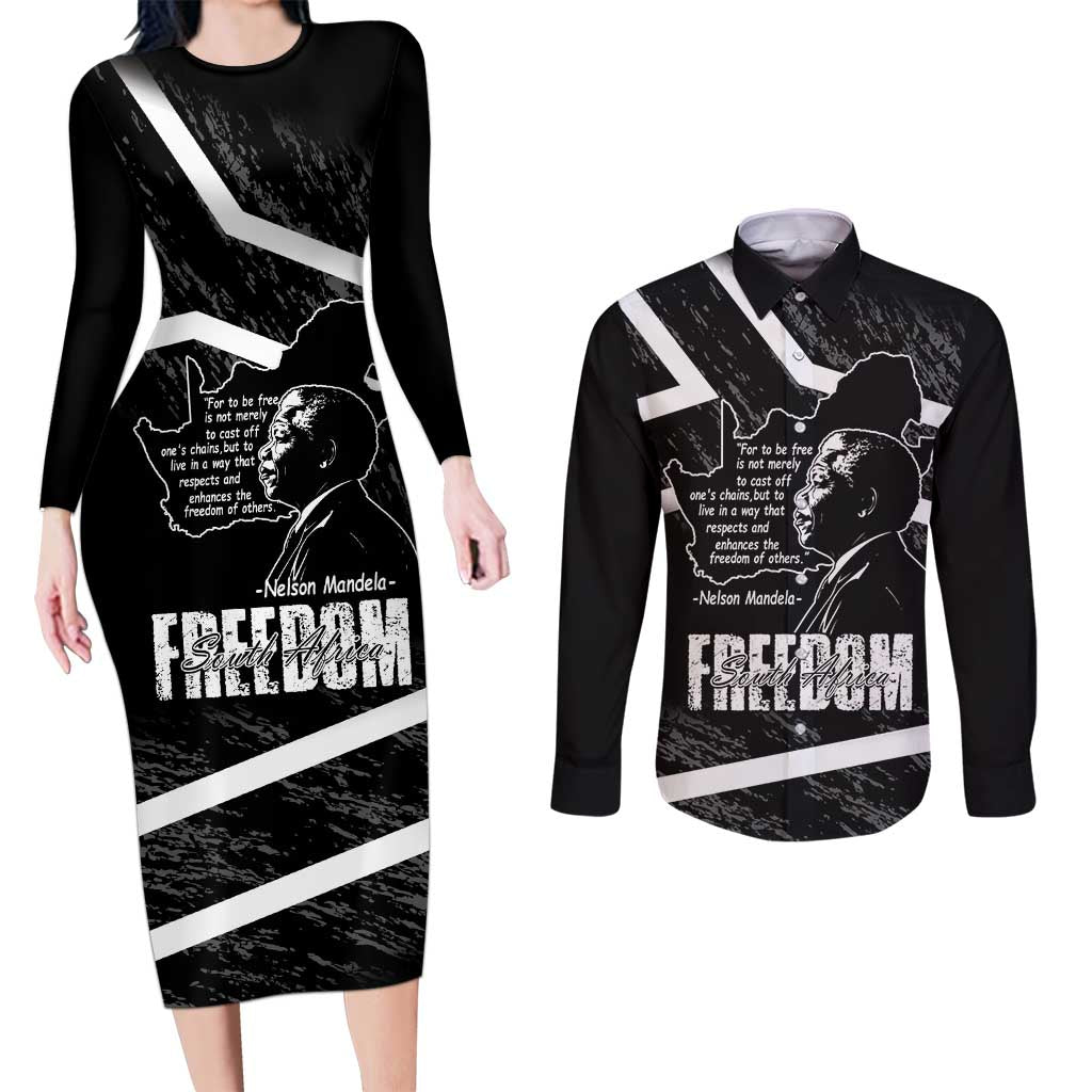 South Africa Freedom Day Couples Matching Long Sleeve Bodycon Dress and Long Sleeve Button Shirt Nelson Mandela With Map