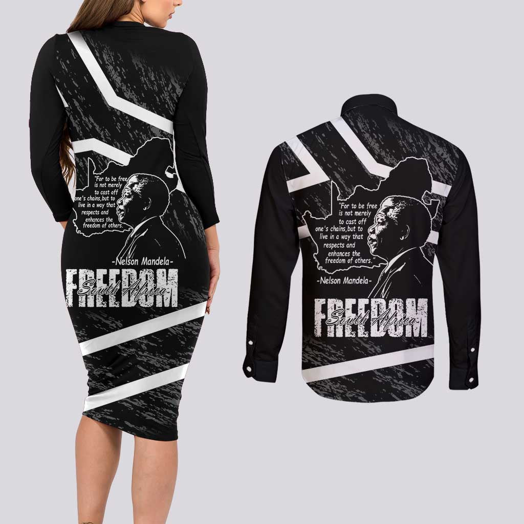 South Africa Freedom Day Couples Matching Long Sleeve Bodycon Dress and Long Sleeve Button Shirt Nelson Mandela With Map