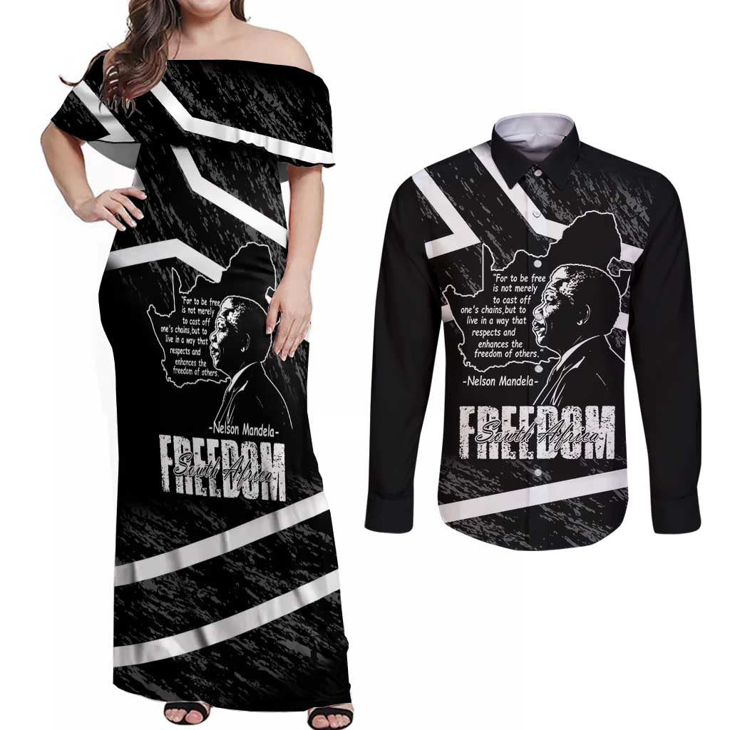 South Africa Freedom Day Couples Matching Off Shoulder Maxi Dress and Long Sleeve Button Shirt Nelson Mandela With Map