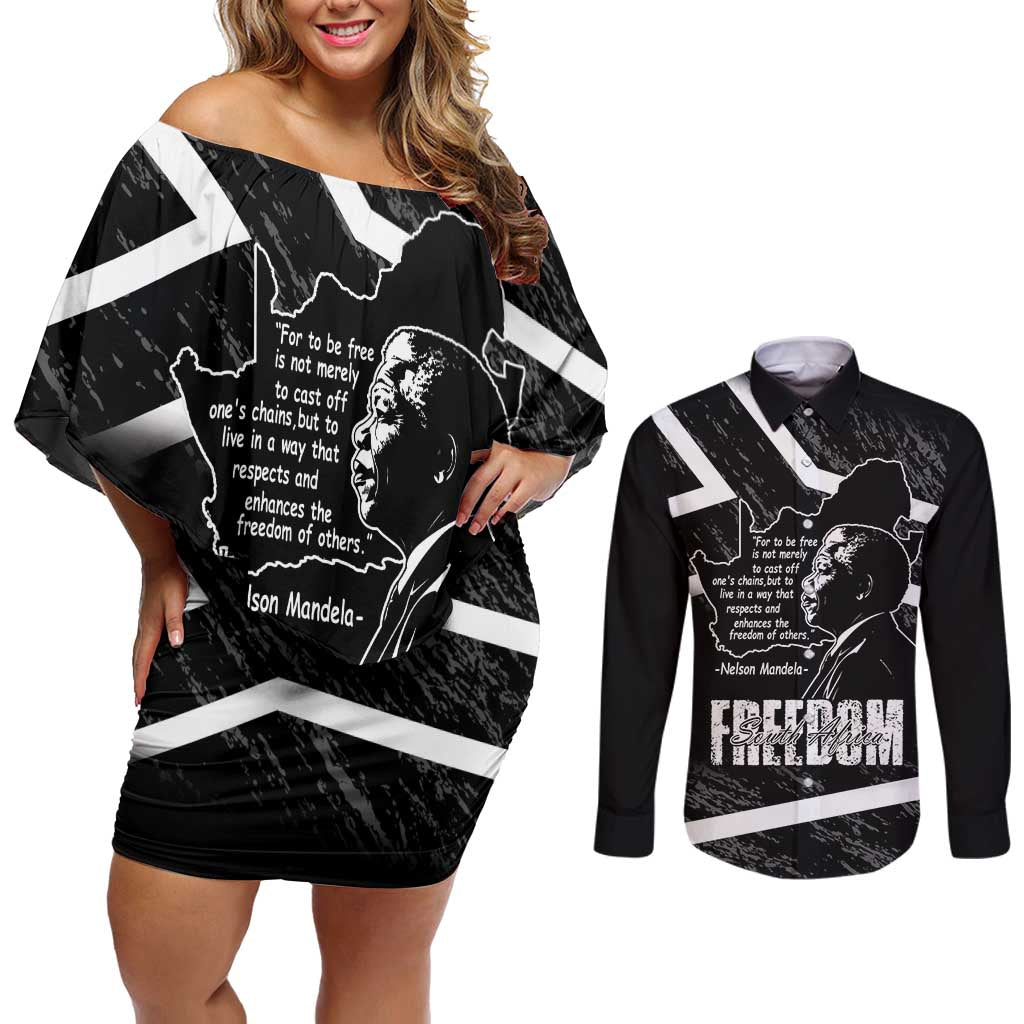 South Africa Freedom Day Couples Matching Off Shoulder Short Dress and Long Sleeve Button Shirt Nelson Mandela With Map