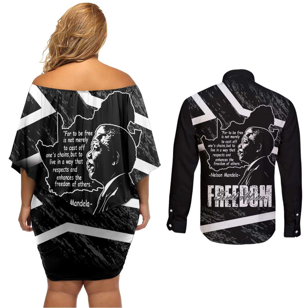 South Africa Freedom Day Couples Matching Off Shoulder Short Dress and Long Sleeve Button Shirt Nelson Mandela With Map