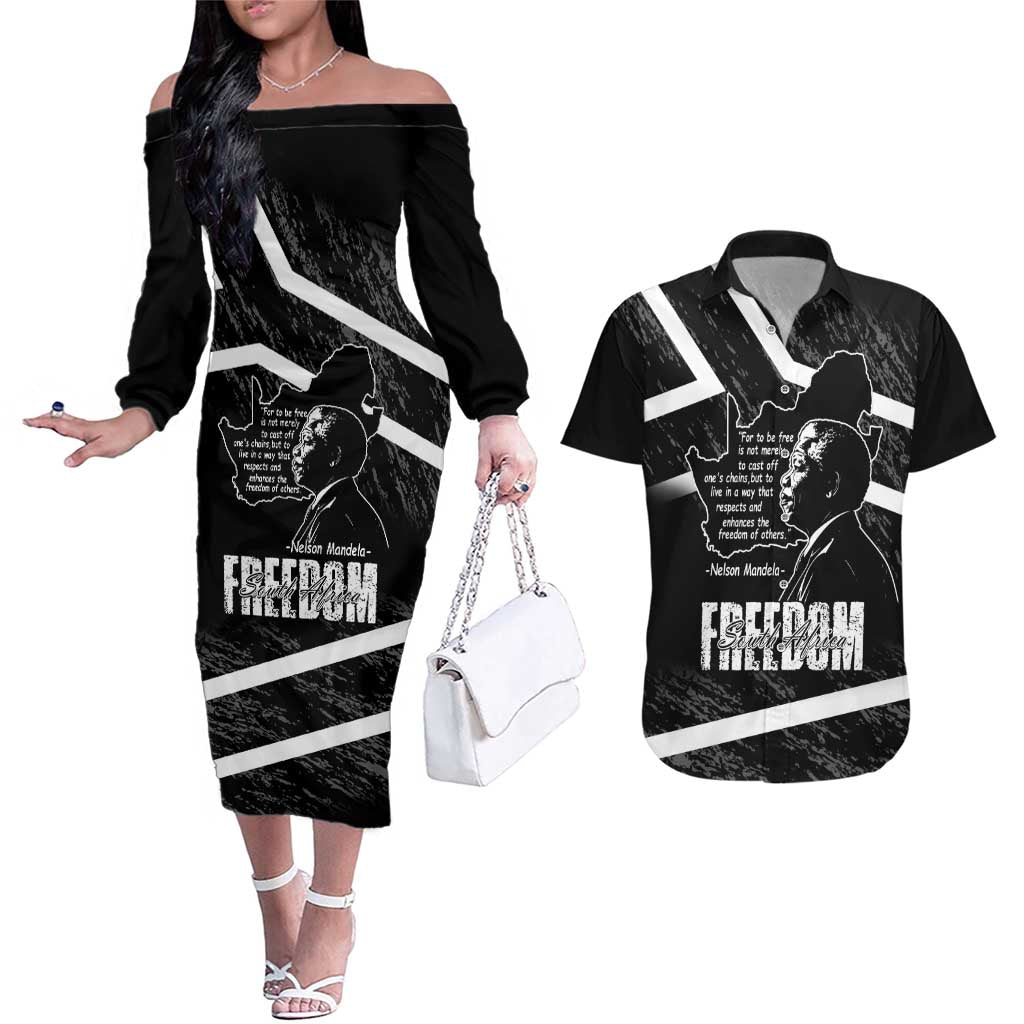 South Africa Freedom Day Couples Matching Off The Shoulder Long Sleeve Dress and Hawaiian Shirt Nelson Mandela With Map