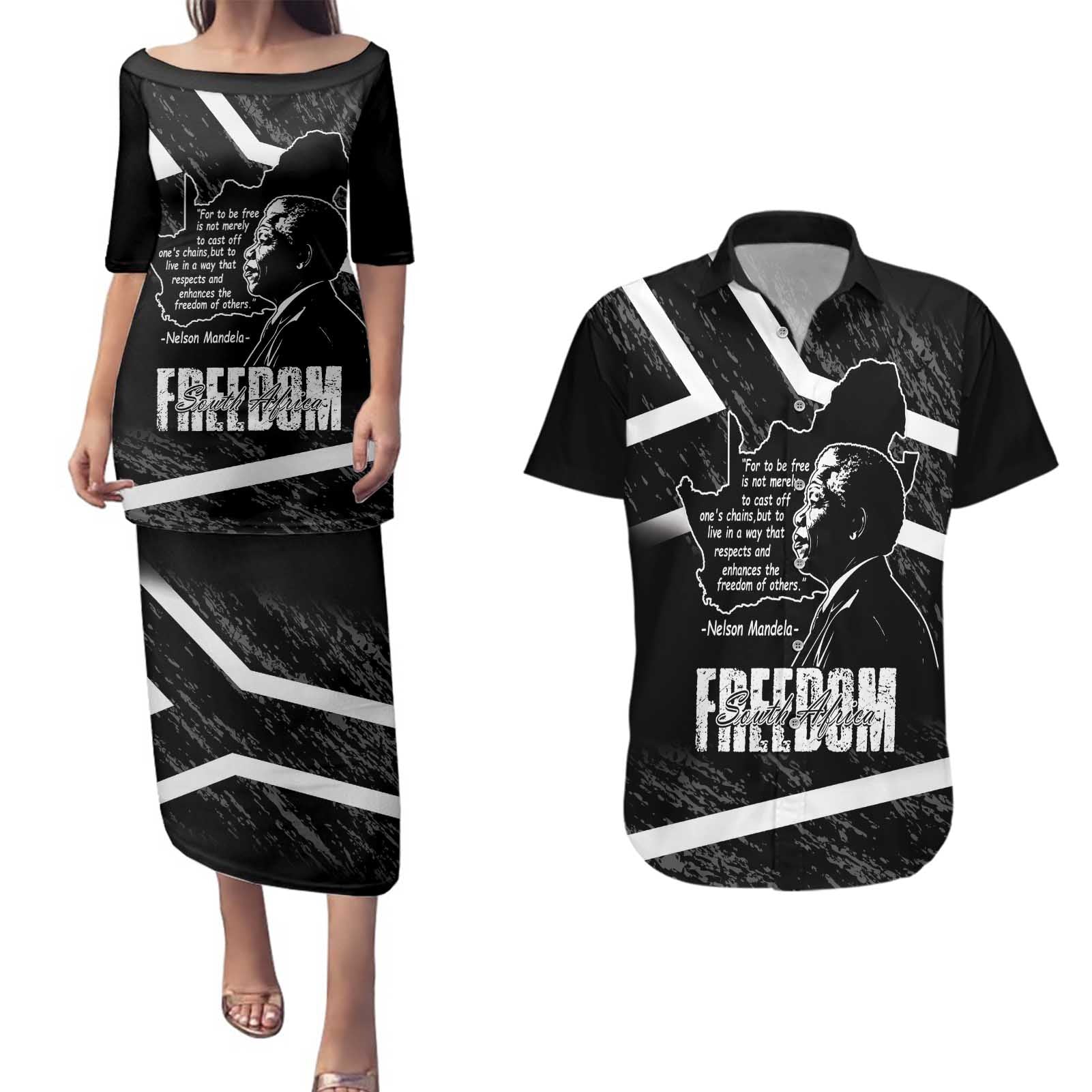 South Africa Freedom Day Couples Matching Puletasi and Hawaiian Shirt Nelson Mandela With Map