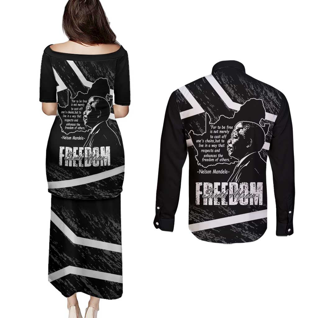 South Africa Freedom Day Couples Matching Puletasi and Long Sleeve Button Shirt Nelson Mandela With Map