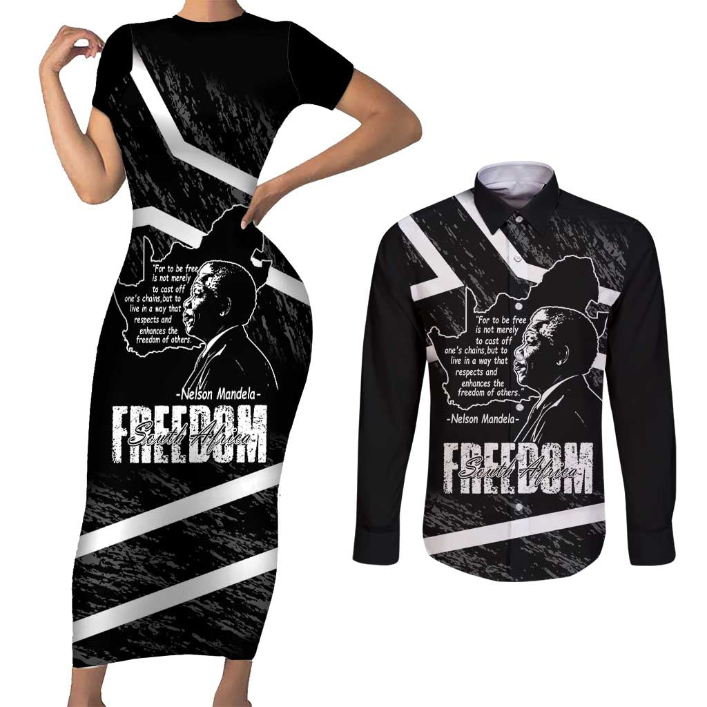 South Africa Freedom Day Couples Matching Short Sleeve Bodycon Dress and Long Sleeve Button Shirt Nelson Mandela With Map