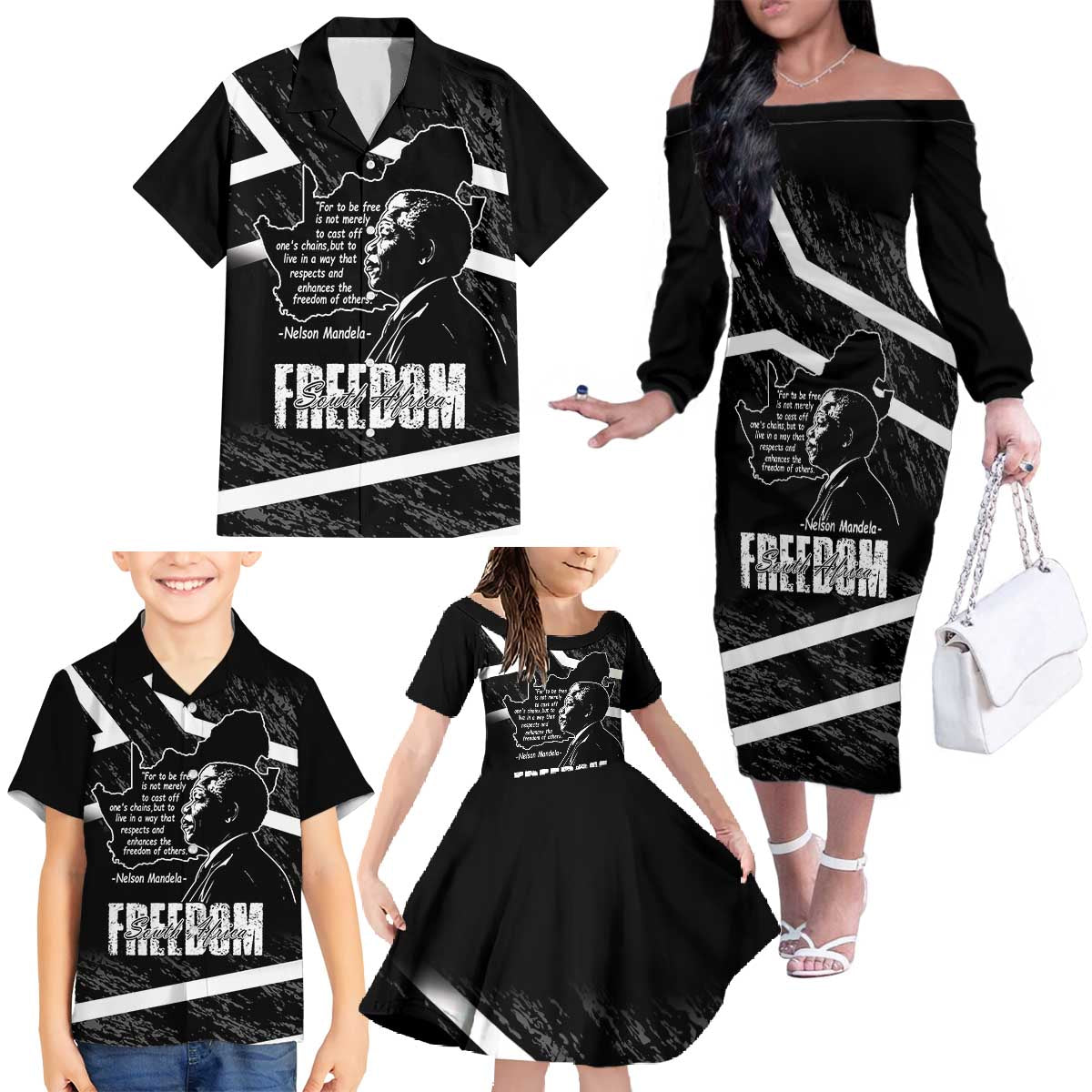 South Africa Freedom Day Family Matching Off The Shoulder Long Sleeve Dress and Hawaiian Shirt Nelson Mandela With Map