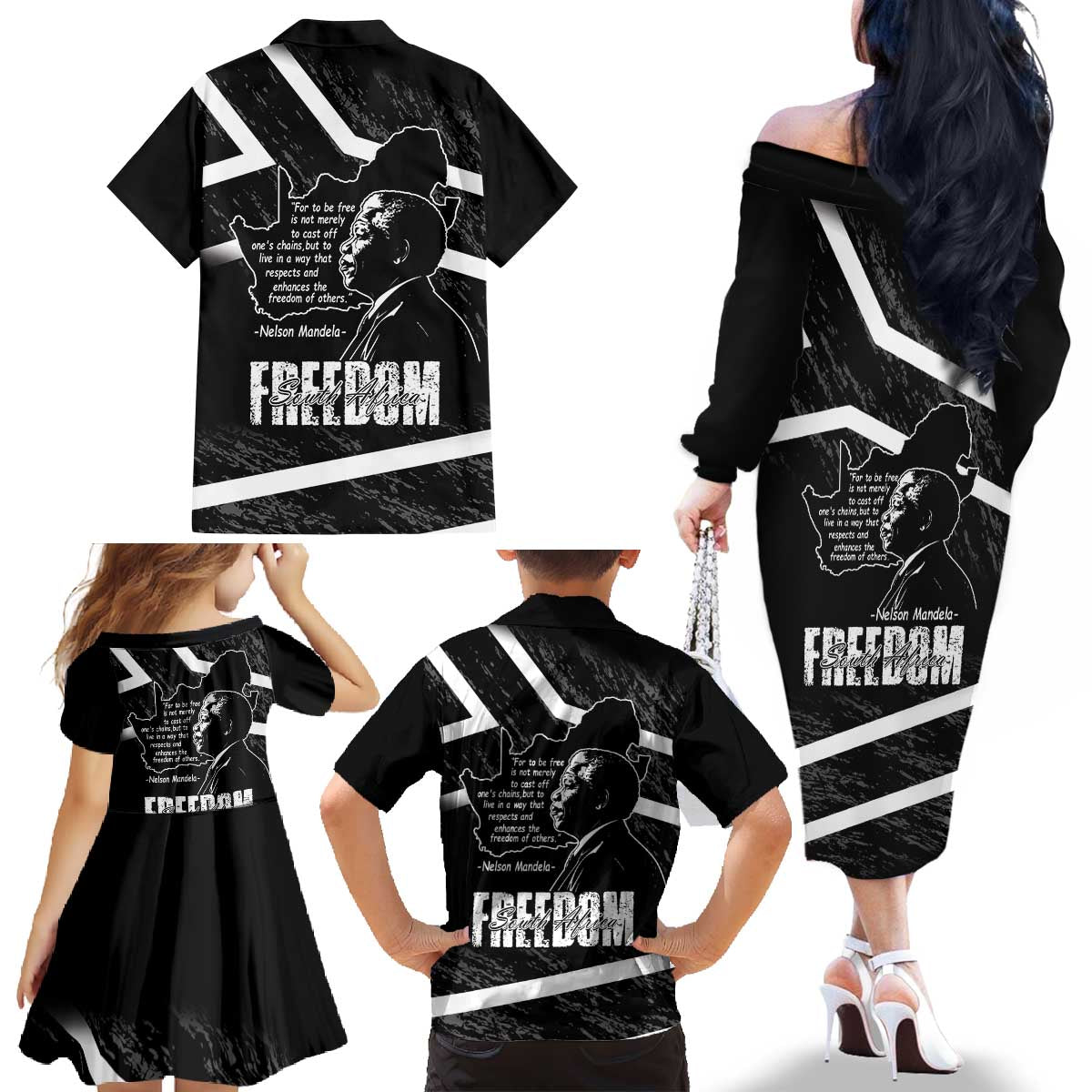 South Africa Freedom Day Family Matching Off The Shoulder Long Sleeve Dress and Hawaiian Shirt Nelson Mandela With Map