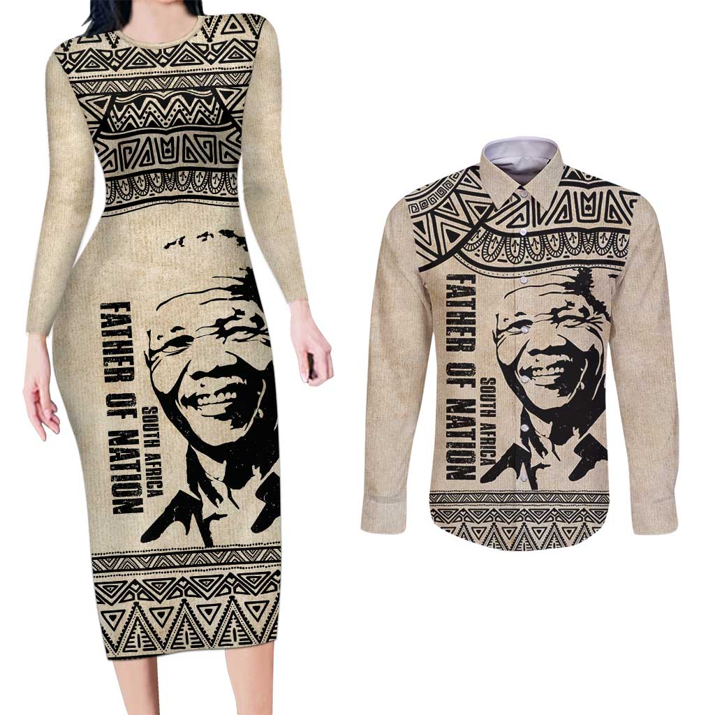 South Africa Nelson Mandela - Father Of Nation Couples Matching Long Sleeve Bodycon Dress and Long Sleeve Button Shirt Vintage African Pattern