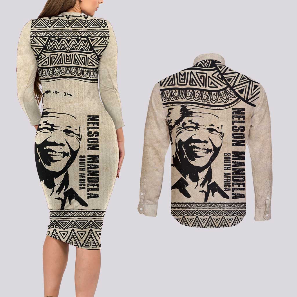South Africa Nelson Mandela - Father Of Nation Couples Matching Long Sleeve Bodycon Dress and Long Sleeve Button Shirt Vintage African Pattern