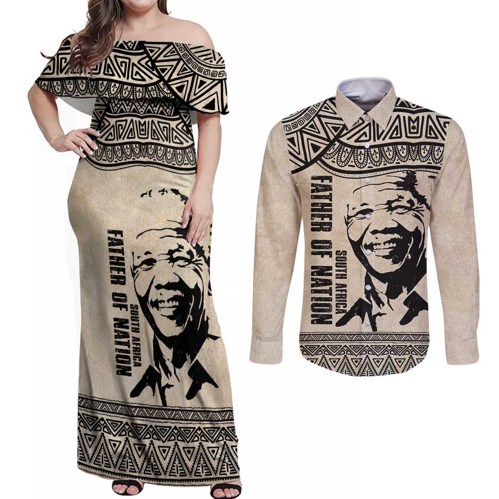 South Africa Nelson Mandela - Father Of Nation Couples Matching Off Shoulder Maxi Dress and Long Sleeve Button Shirt Vintage African Pattern