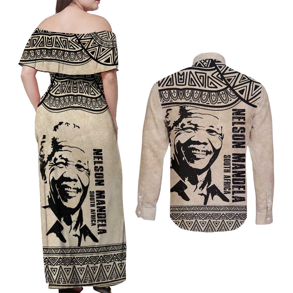 South Africa Nelson Mandela - Father Of Nation Couples Matching Off Shoulder Maxi Dress and Long Sleeve Button Shirt Vintage African Pattern