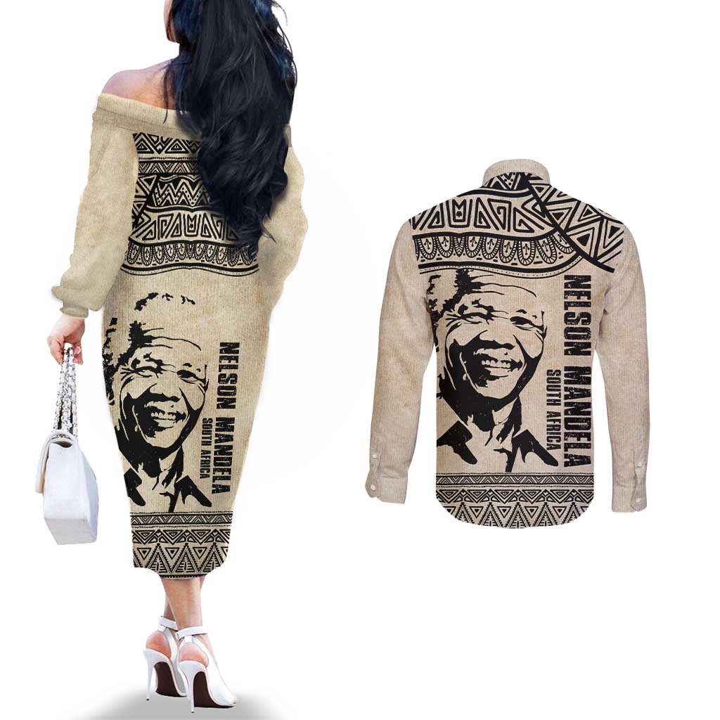 South Africa Nelson Mandela - Father Of Nation Couples Matching Off The Shoulder Long Sleeve Dress and Long Sleeve Button Shirt Vintage African Pattern