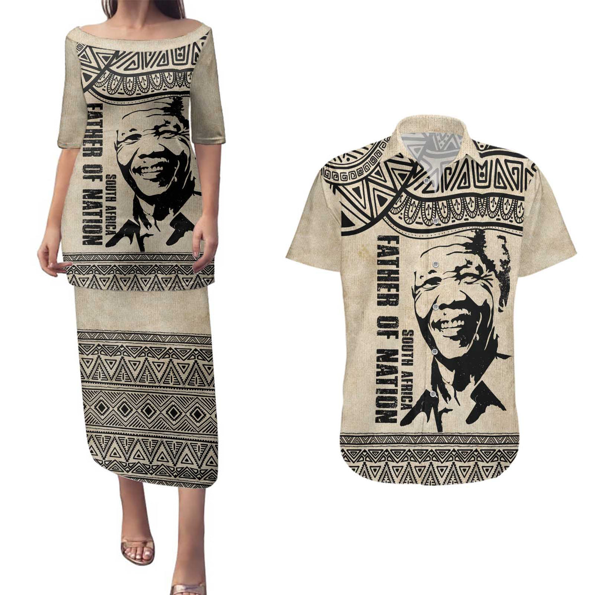 South Africa Nelson Mandela - Father Of Nation Couples Matching Puletasi and Hawaiian Shirt Vintage African Pattern