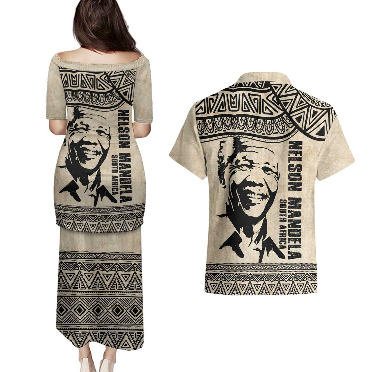 South Africa Nelson Mandela - Father Of Nation Couples Matching Puletasi and Hawaiian Shirt Vintage African Pattern