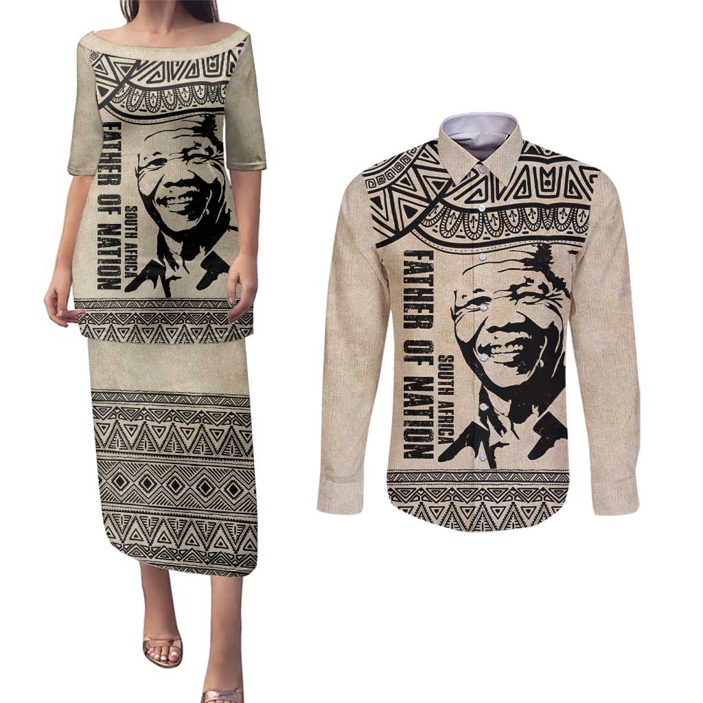 South Africa Nelson Mandela - Father Of Nation Couples Matching Puletasi and Long Sleeve Button Shirt Vintage African Pattern