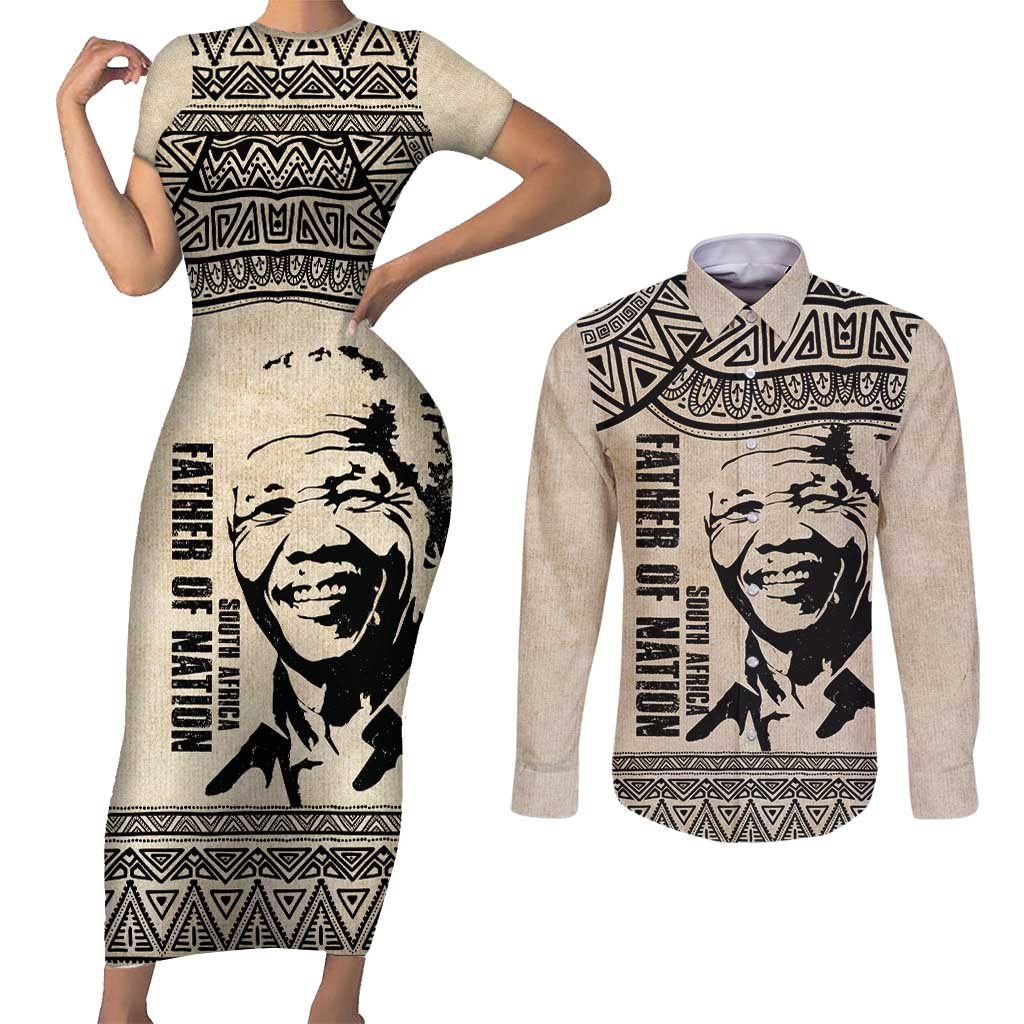 South Africa Nelson Mandela - Father Of Nation Couples Matching Short Sleeve Bodycon Dress and Long Sleeve Button Shirt Vintage African Pattern