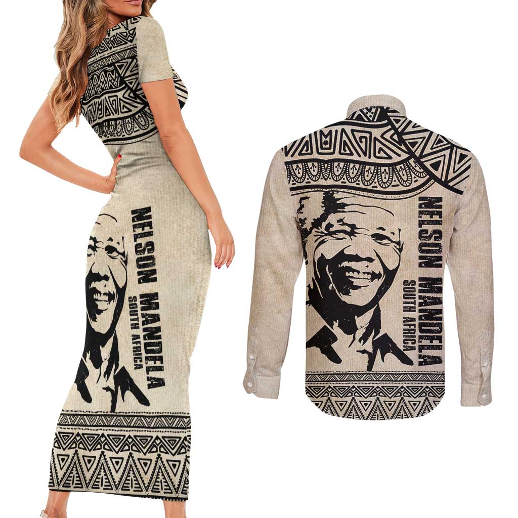 South Africa Nelson Mandela - Father Of Nation Couples Matching Short Sleeve Bodycon Dress and Long Sleeve Button Shirt Vintage African Pattern