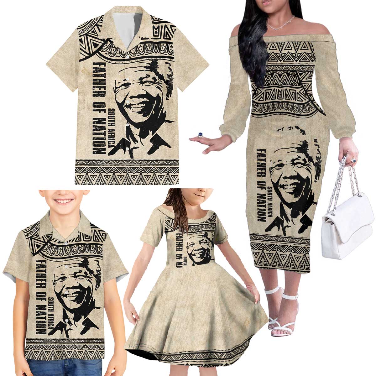 South Africa Nelson Mandela - Father Of Nation Family Matching Off The Shoulder Long Sleeve Dress and Hawaiian Shirt Vintage African Pattern