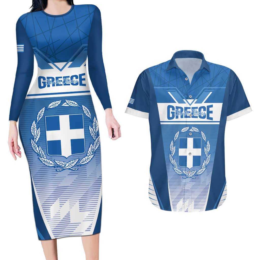 Custom Greece Football Couples Matching Long Sleeve Bodycon Dress and Hawaiian Shirt Go Ethniki Coat Of Arms Style