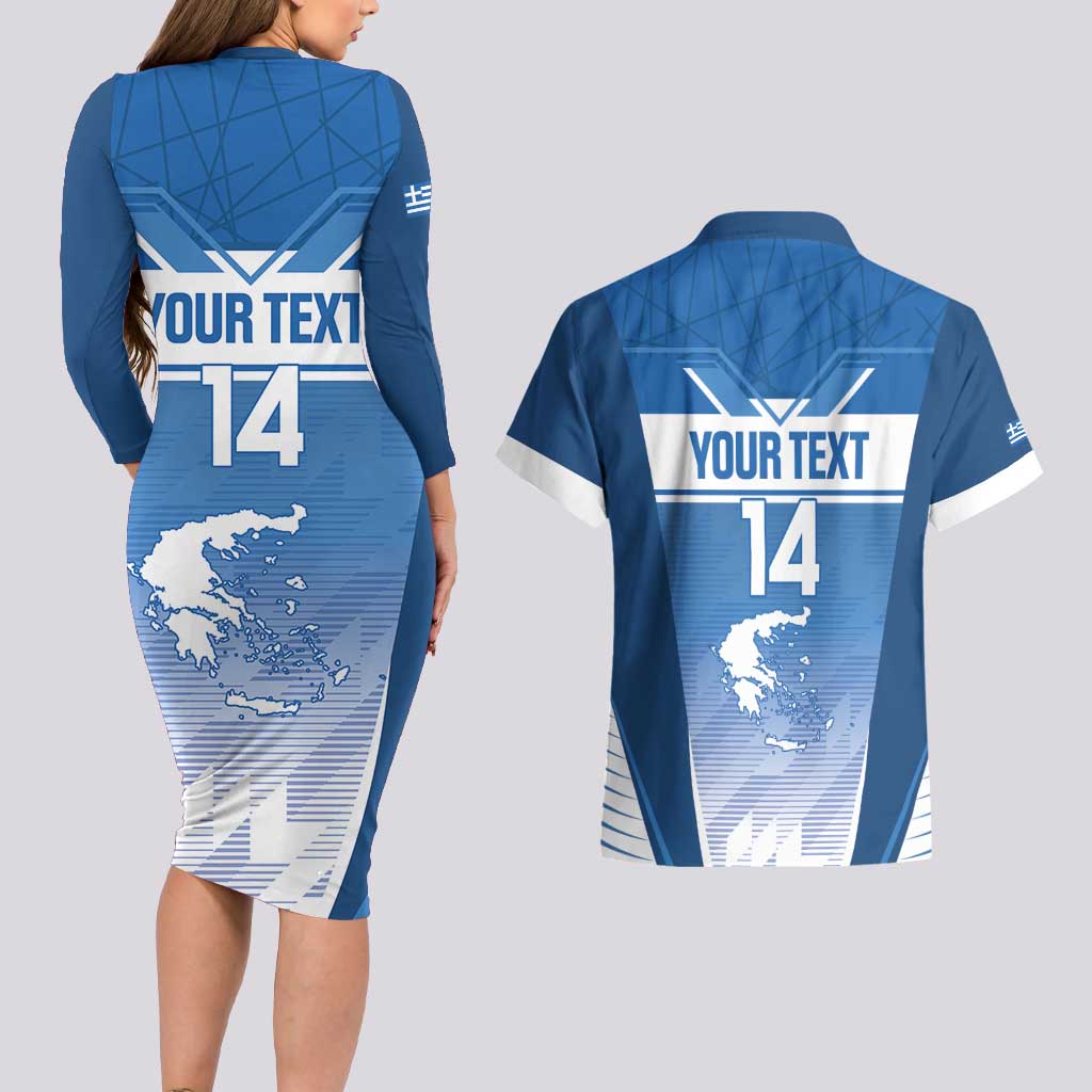 Custom Greece Football Couples Matching Long Sleeve Bodycon Dress and Hawaiian Shirt Go Ethniki Coat Of Arms Style