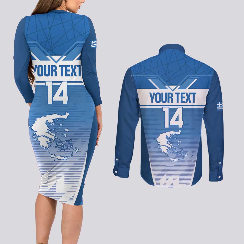 Custom Greece Football Couples Matching Long Sleeve Bodycon Dress and Long Sleeve Button Shirt Go Ethniki Coat Of Arms Style