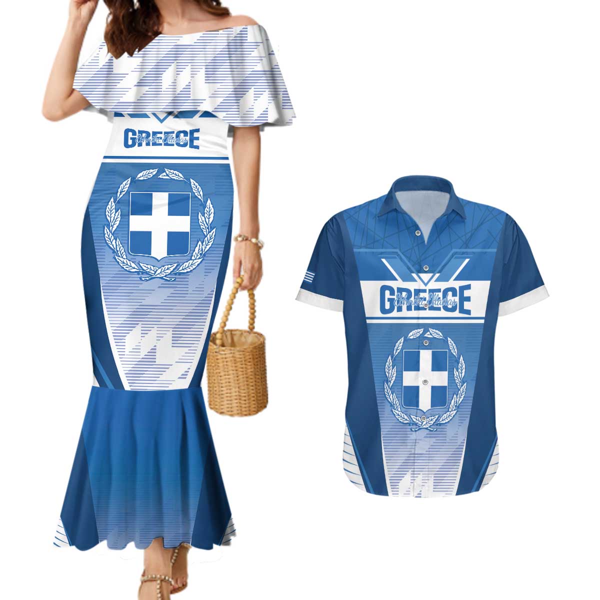 Custom Greece Football Couples Matching Mermaid Dress and Hawaiian Shirt Go Ethniki Coat Of Arms Style
