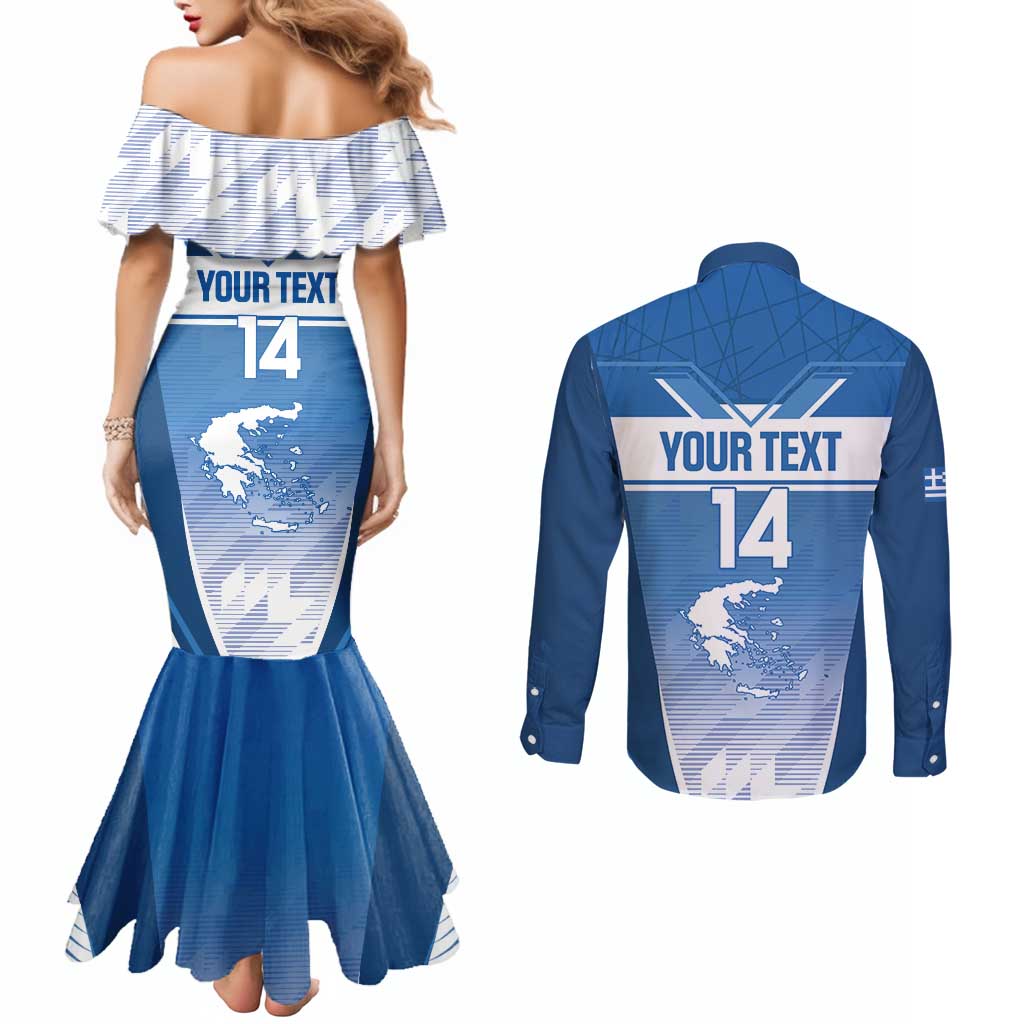 Custom Greece Football Couples Matching Mermaid Dress and Long Sleeve Button Shirt Go Ethniki Coat Of Arms Style
