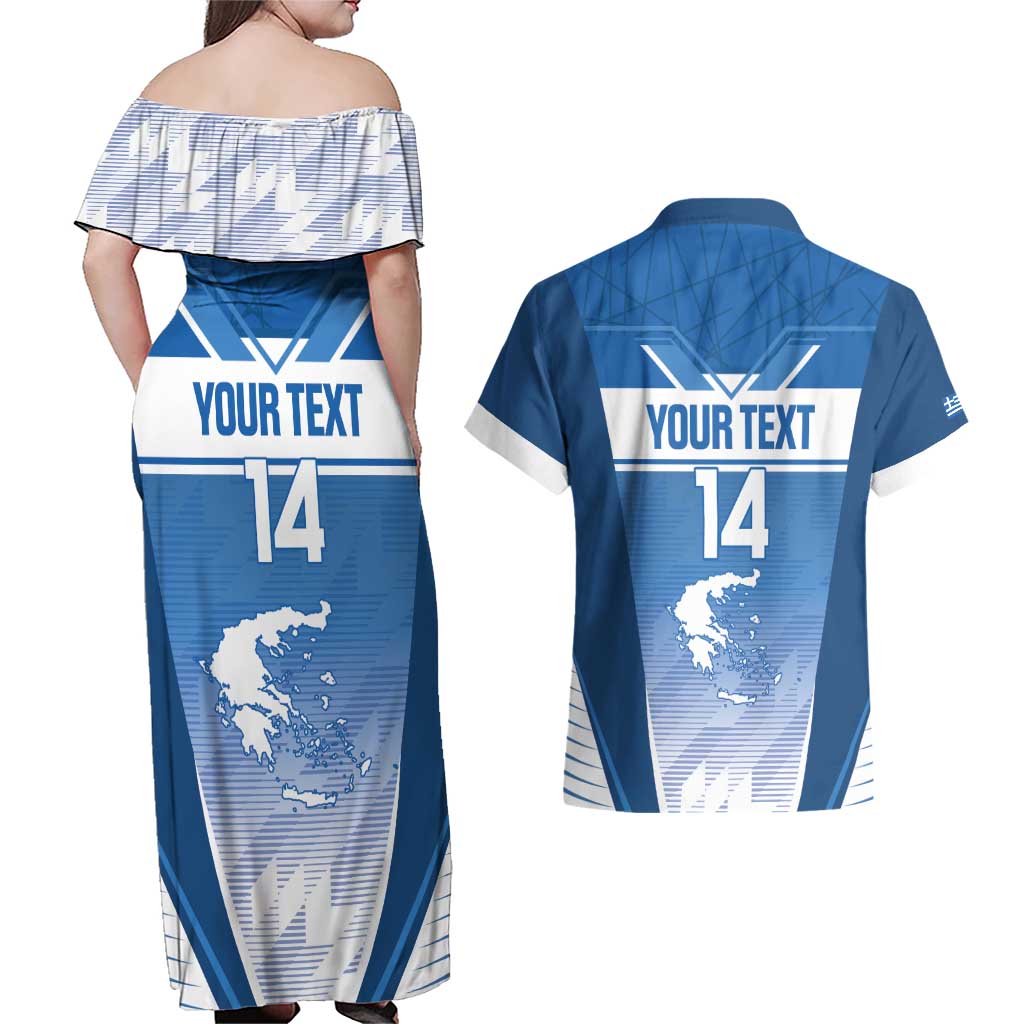Custom Greece Football Couples Matching Off Shoulder Maxi Dress and Hawaiian Shirt Go Ethniki Coat Of Arms Style