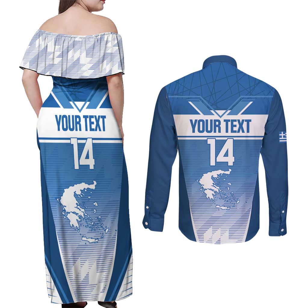 Custom Greece Football Couples Matching Off Shoulder Maxi Dress and Long Sleeve Button Shirt Go Ethniki Coat Of Arms Style