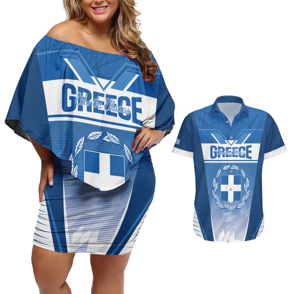 Custom Greece Football Couples Matching Off Shoulder Short Dress and Hawaiian Shirt Go Ethniki Coat Of Arms Style