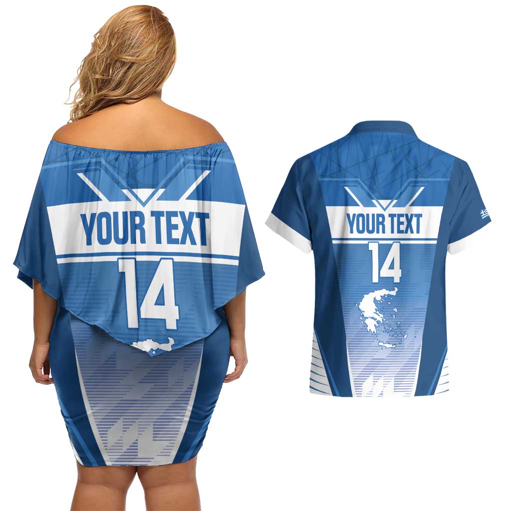Custom Greece Football Couples Matching Off Shoulder Short Dress and Hawaiian Shirt Go Ethniki Coat Of Arms Style