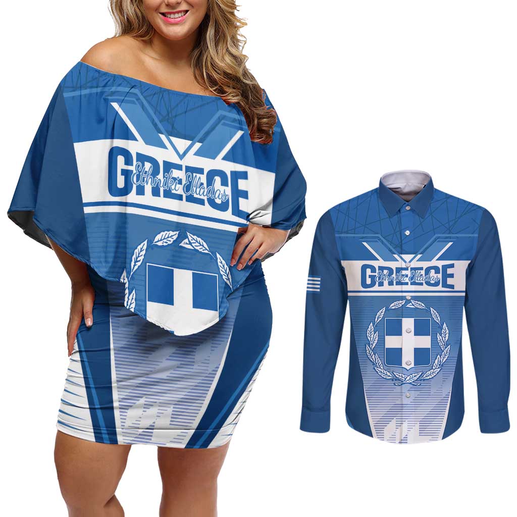 Custom Greece Football Couples Matching Off Shoulder Short Dress and Long Sleeve Button Shirt Go Ethniki Coat Of Arms Style