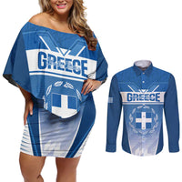 Custom Greece Football Couples Matching Off Shoulder Short Dress and Long Sleeve Button Shirt Go Ethniki Coat Of Arms Style