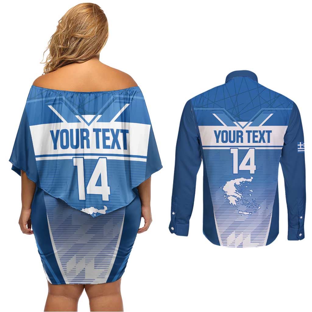 Custom Greece Football Couples Matching Off Shoulder Short Dress and Long Sleeve Button Shirt Go Ethniki Coat Of Arms Style