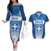 Custom Greece Football Couples Matching Off The Shoulder Long Sleeve Dress and Hawaiian Shirt Go Ethniki Coat Of Arms Style