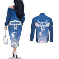 Custom Greece Football Couples Matching Off The Shoulder Long Sleeve Dress and Long Sleeve Button Shirt Go Ethniki Coat Of Arms Style