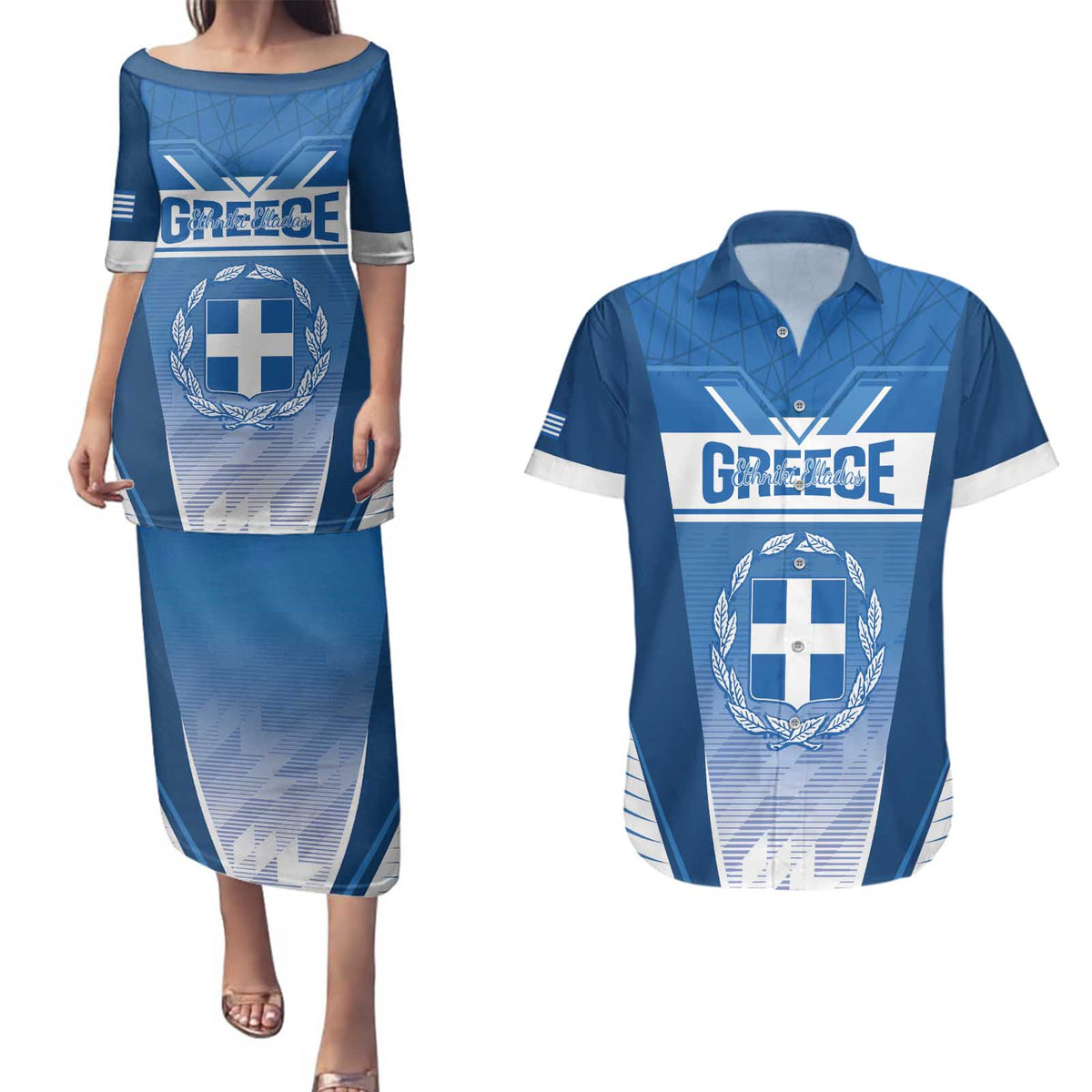 Custom Greece Football Couples Matching Puletasi and Hawaiian Shirt Go Ethniki Coat Of Arms Style