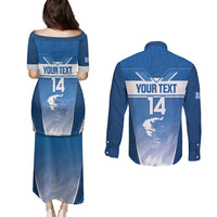 Custom Greece Football Couples Matching Puletasi and Long Sleeve Button Shirt Go Ethniki Coat Of Arms Style