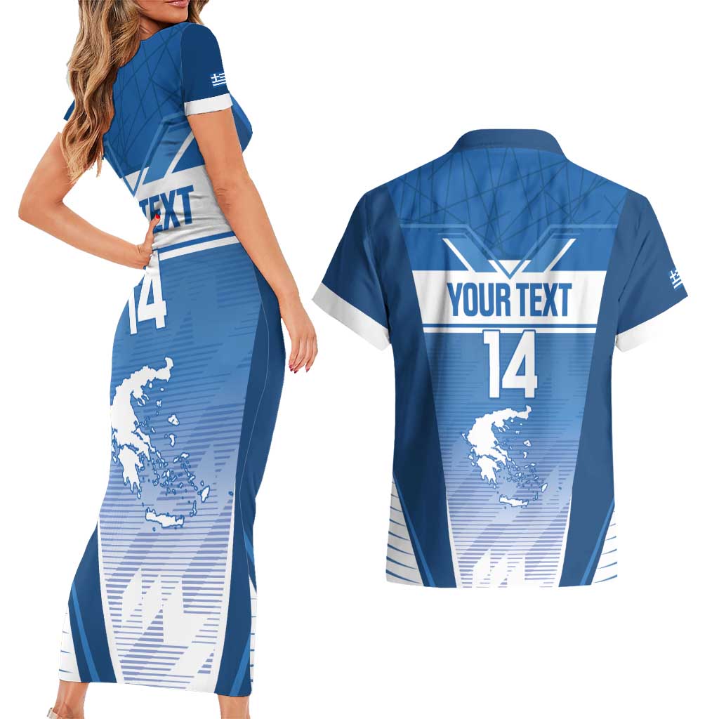 Custom Greece Football Couples Matching Short Sleeve Bodycon Dress and Hawaiian Shirt Go Ethniki Coat Of Arms Style