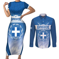 Custom Greece Football Couples Matching Short Sleeve Bodycon Dress and Long Sleeve Button Shirt Go Ethniki Coat Of Arms Style