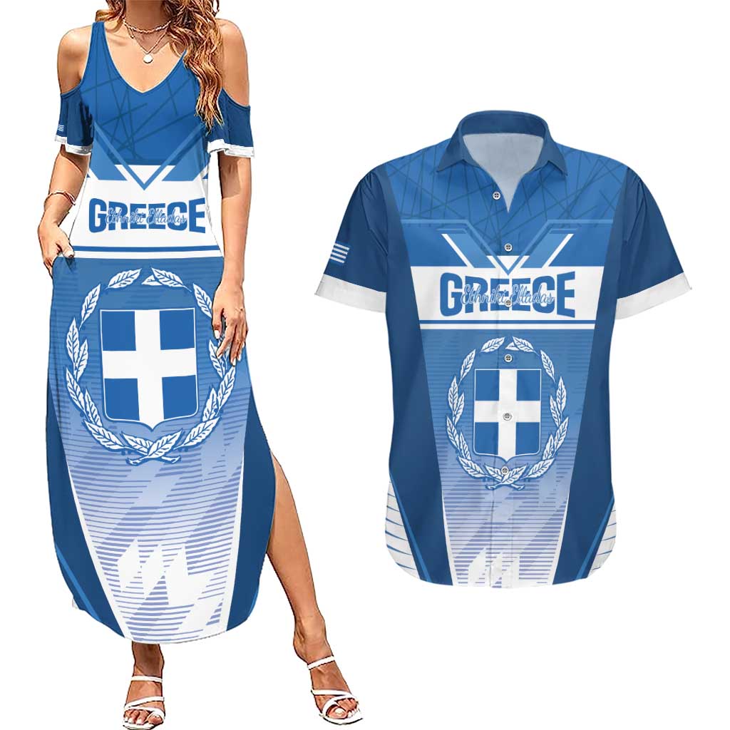 Custom Greece Football Couples Matching Summer Maxi Dress and Hawaiian Shirt Go Ethniki Coat Of Arms Style