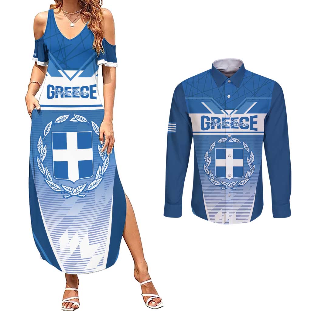Custom Greece Football Couples Matching Summer Maxi Dress and Long Sleeve Button Shirt Go Ethniki Coat Of Arms Style