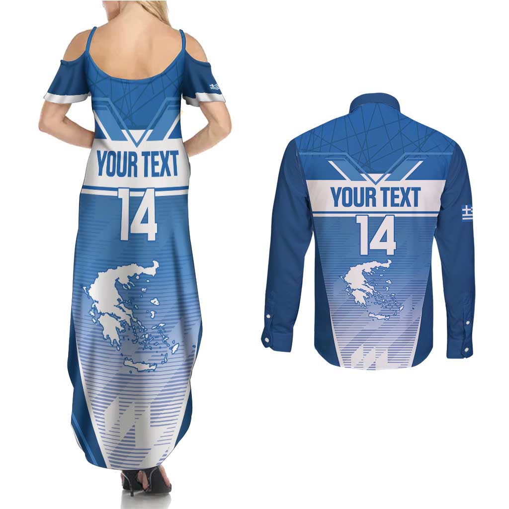 Custom Greece Football Couples Matching Summer Maxi Dress and Long Sleeve Button Shirt Go Ethniki Coat Of Arms Style