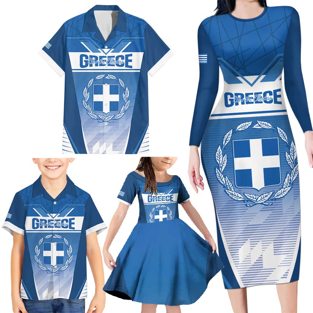 Custom Greece Football Family Matching Long Sleeve Bodycon Dress and Hawaiian Shirt Go Ethniki Coat Of Arms Style