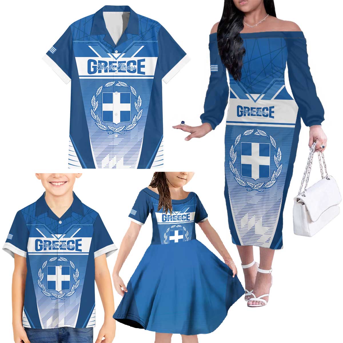 Custom Greece Football Family Matching Off The Shoulder Long Sleeve Dress and Hawaiian Shirt Go Ethniki Coat Of Arms Style