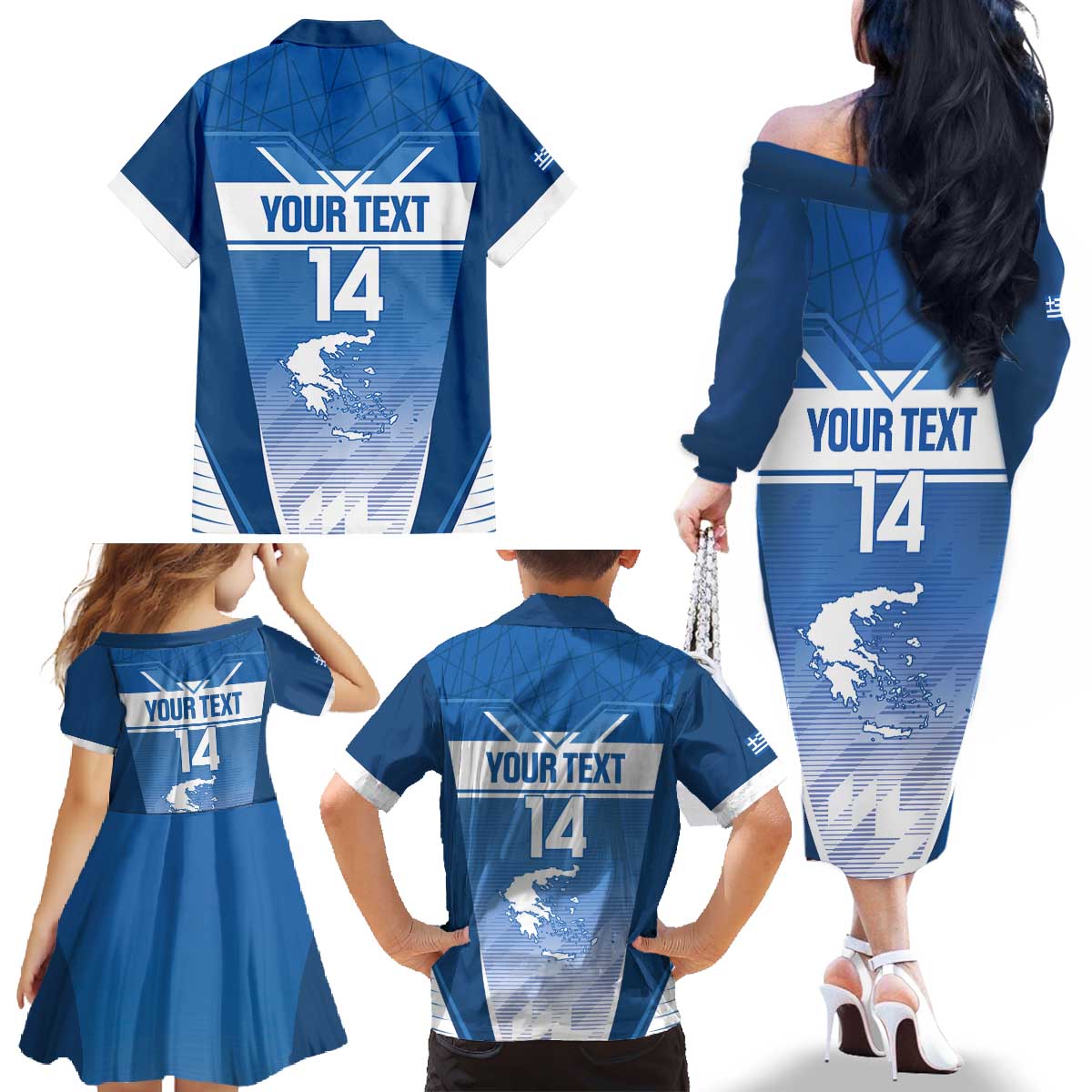 Custom Greece Football Family Matching Off The Shoulder Long Sleeve Dress and Hawaiian Shirt Go Ethniki Coat Of Arms Style