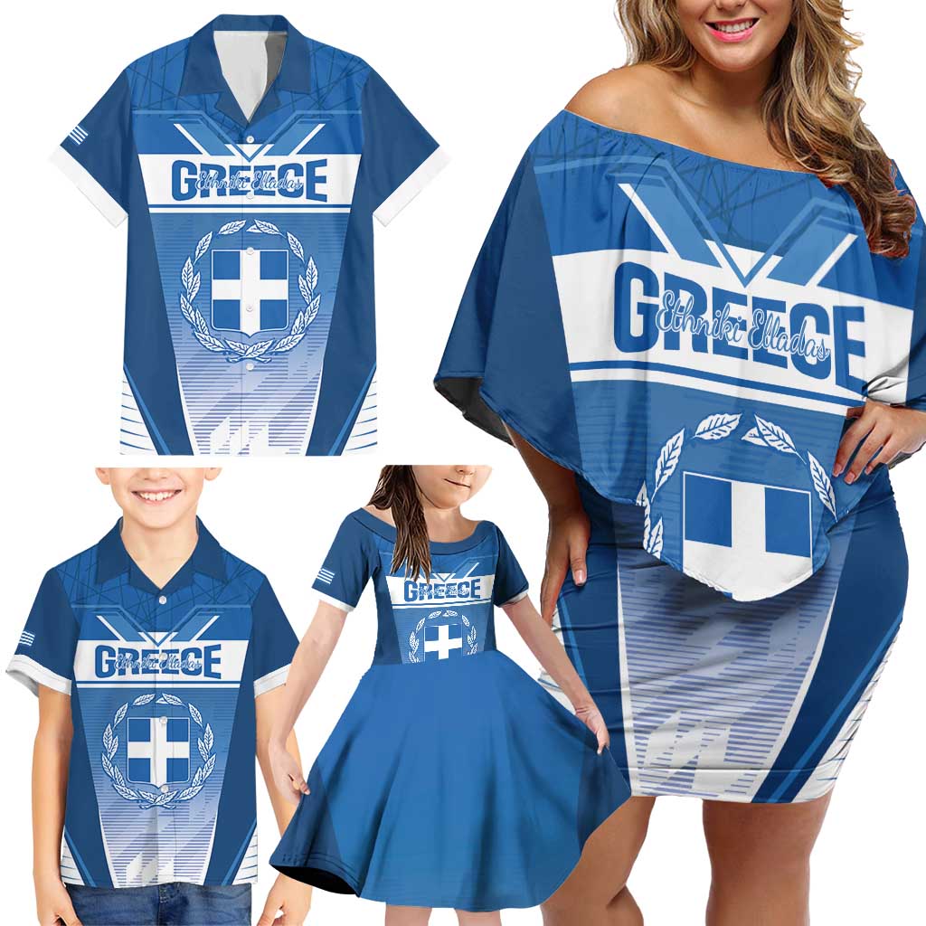 Custom Greece Football Family Matching Off Shoulder Short Dress and Hawaiian Shirt Go Ethniki Coat Of Arms Style