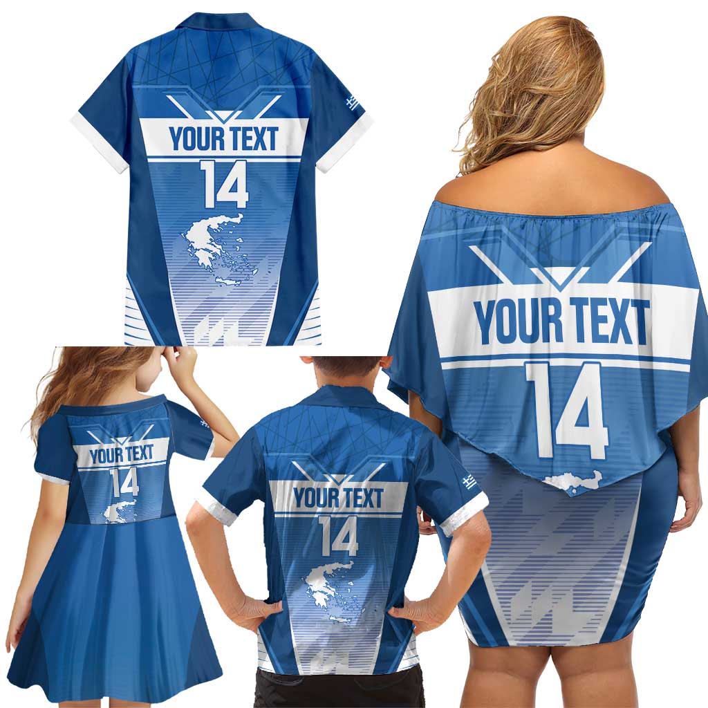 Custom Greece Football Family Matching Off Shoulder Short Dress and Hawaiian Shirt Go Ethniki Coat Of Arms Style