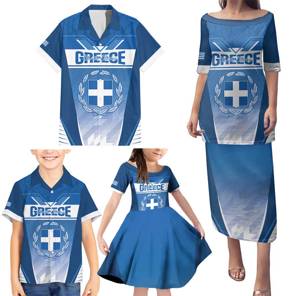 Custom Greece Football Family Matching Puletasi and Hawaiian Shirt Go Ethniki Coat Of Arms Style