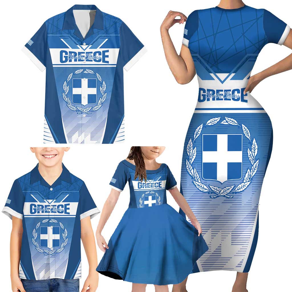 Custom Greece Football Family Matching Short Sleeve Bodycon Dress and Hawaiian Shirt Go Ethniki Coat Of Arms Style